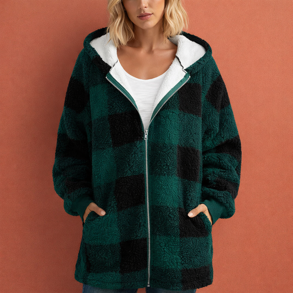 Elegante dames herfstjas met chic ruitpatroon. Warme jas met capuchon voor dagelijks comfort.