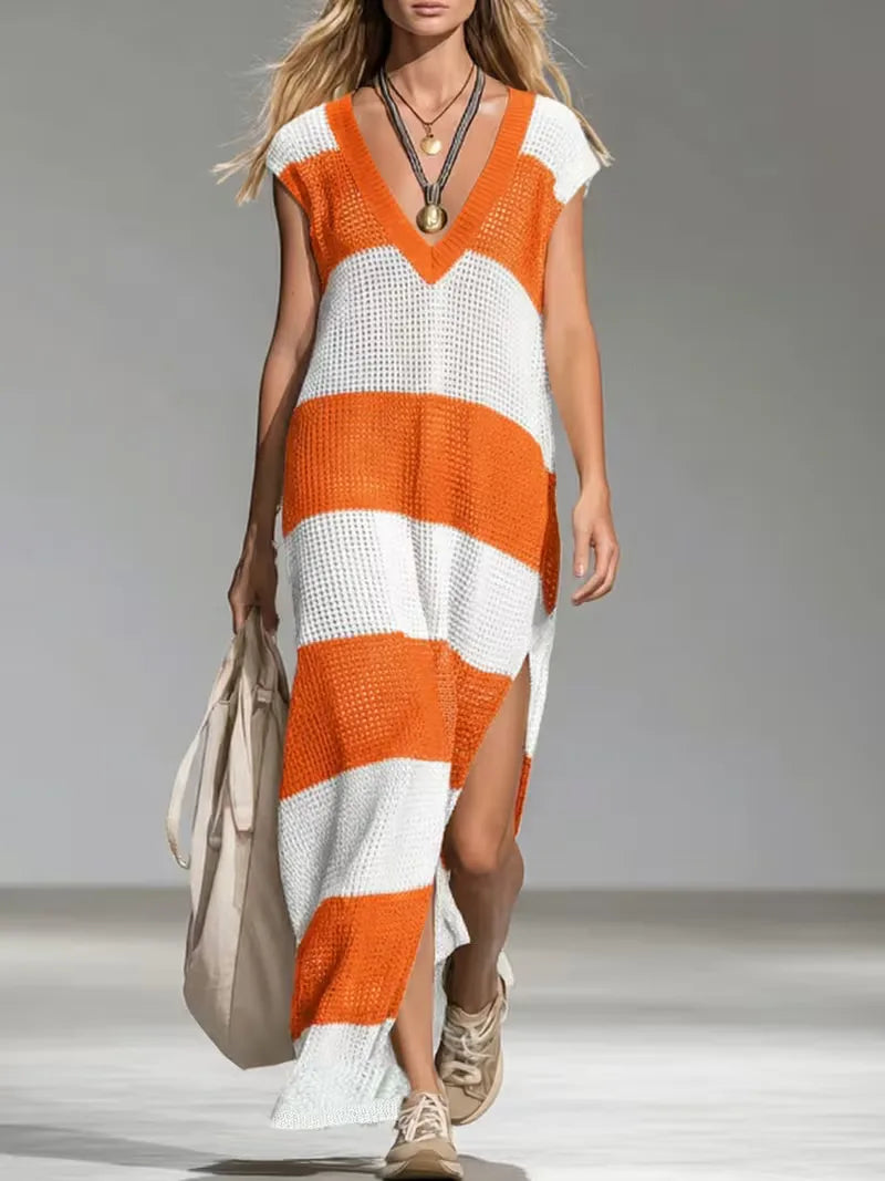 Dames maxi cover-up met V-hals, gestreept, oversized. Ideaal als strandkleding voor de zomer.