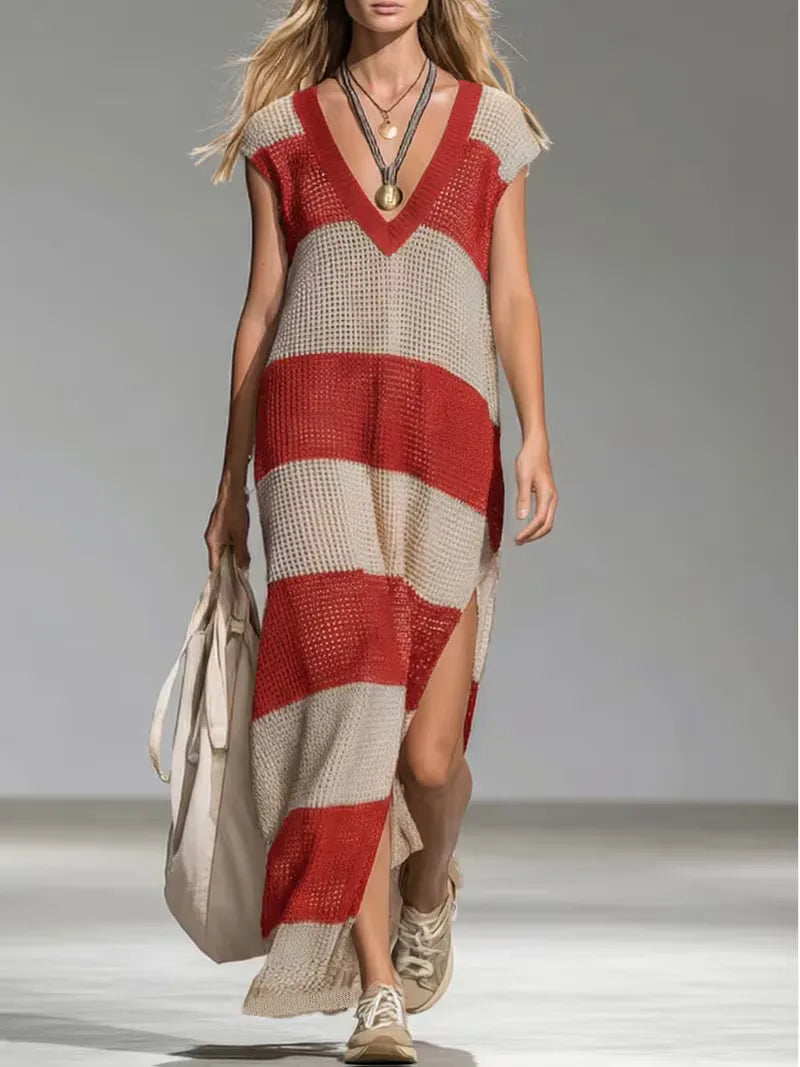 Elegante gestreepte dames maxi cover-up met V-hals. Geschikt als casual zomerkleding.