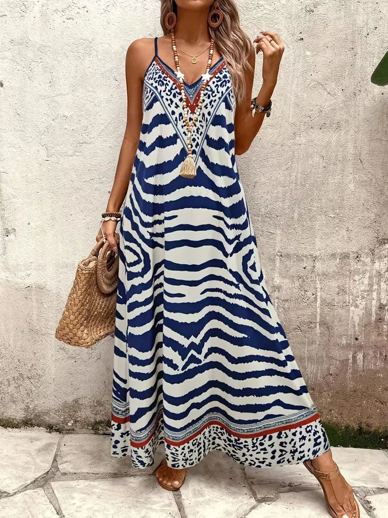 Vakantieklare leopard print maxi jurk, comfortabel en modieus.