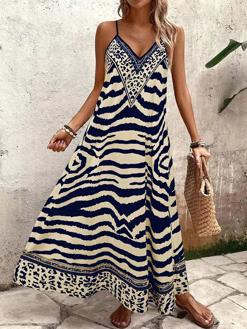 Lange zomer maxi jurk met levendige leopard print, bohemian chic.