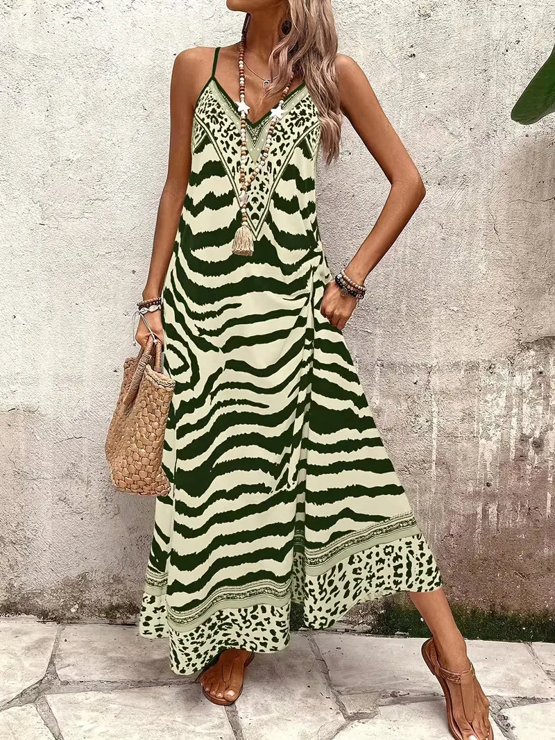 Elegante lange zomerjurk met v-hals en stijlvolle leopard print.