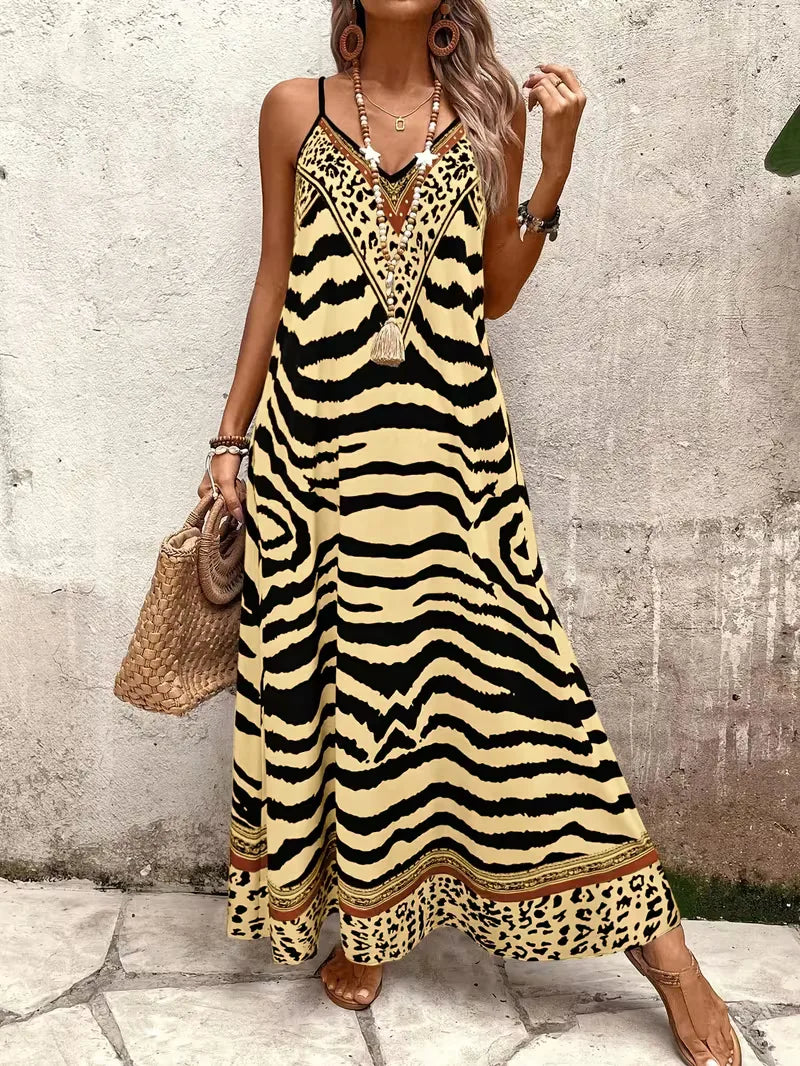 Comfortabele vakantie maxi jurk met bohemian leopard print.