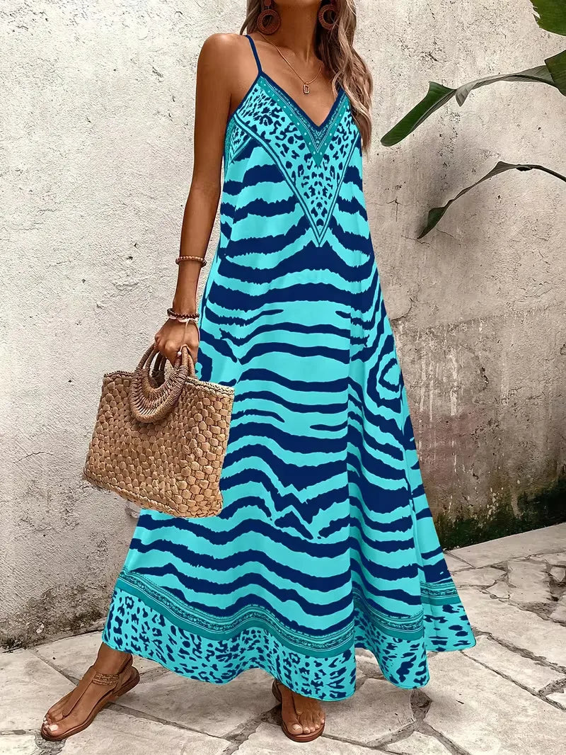Bohemian leopard print maxi jurk, ideaal voor strand en vakantie.