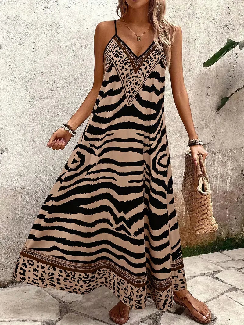 Dames maxi jurk met unieke leopard print, geschikt voor elke zomerse gelegenheid.