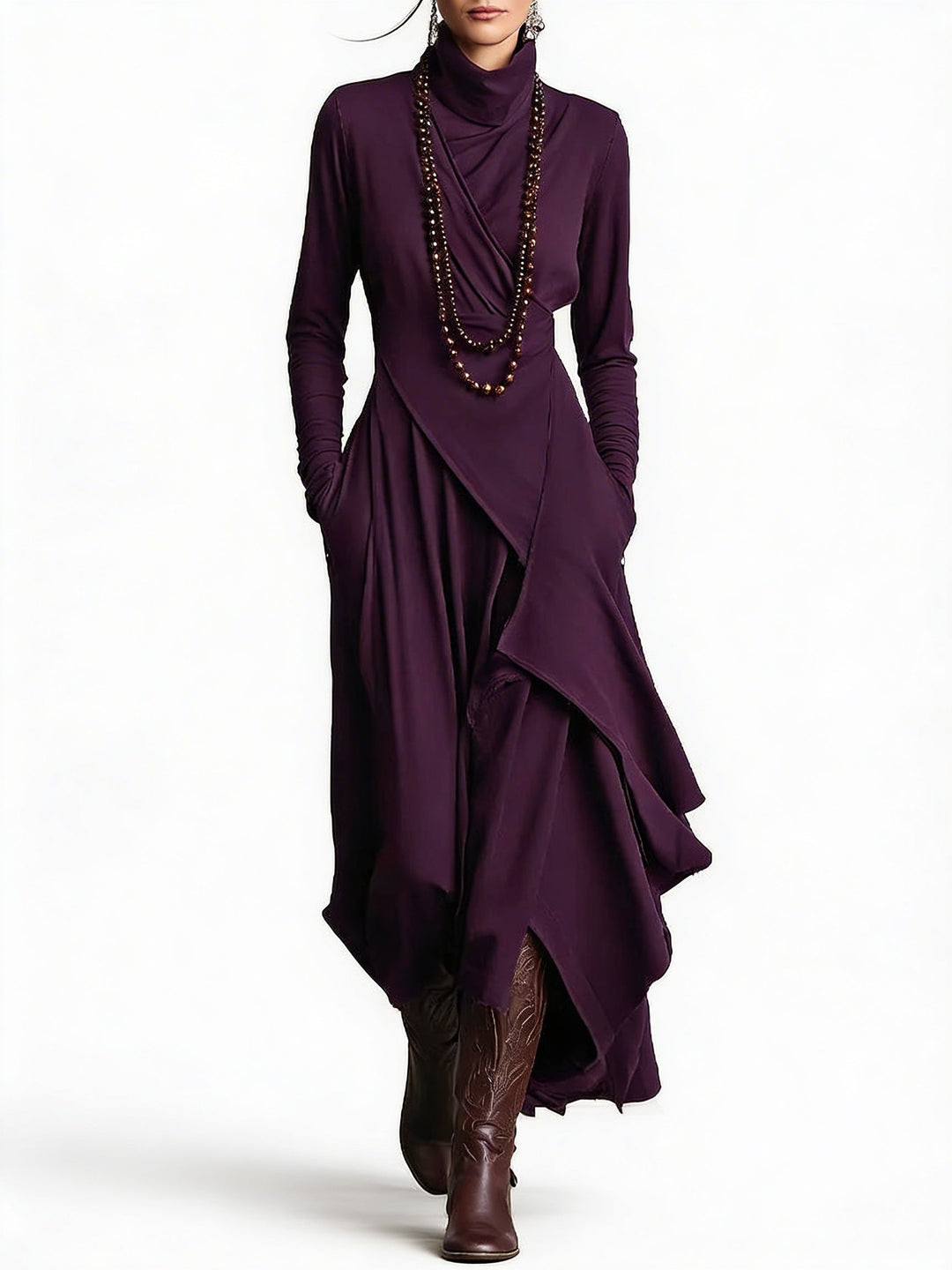 Dames maxi jurk met hoge col, lange mouwen en asymmetrische rok. Elegante, veelzijdige jurk in casual chic stijl.