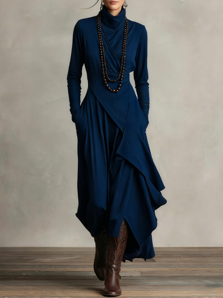 Elegante dames maxi jurk met hoge col en asymmetrische rok. Lange mouwen, casual chic look voor elke gelegenheid.