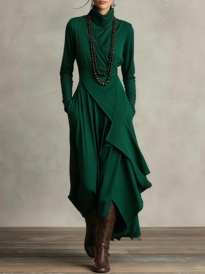 Veelzijdige dames maxi jurk met hoge col, lange mouwen en asymmetrische zoom. Comfortabele, elegante stijl voor dames.