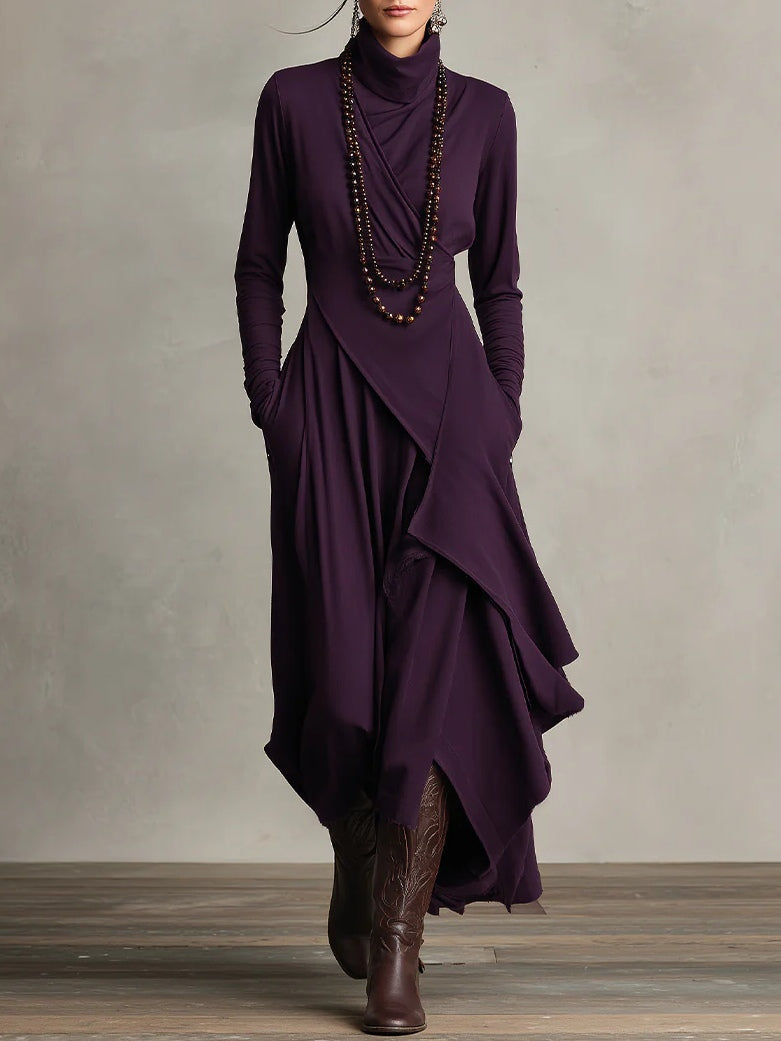 Bohemian maxi jurk voor dames met hoge col, lange mouwen en trendy asymmetrische zoom. Perfect voor een elegante look.