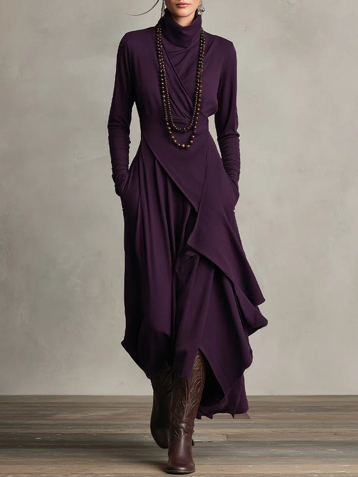Bohemian maxi jurk voor dames met hoge col, lange mouwen en trendy asymmetrische zoom. Perfect voor een elegante look.