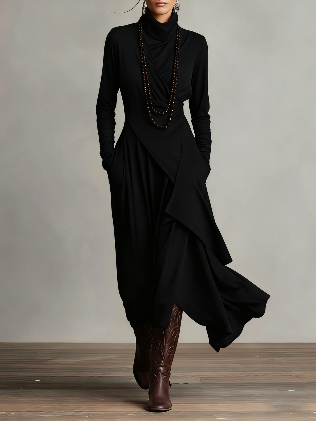 Trendy damesjurk: maxi lengte, hoge col, lange mouwen, asymmetrische rok. Ideaal voor elegante en comfortabele dagen.