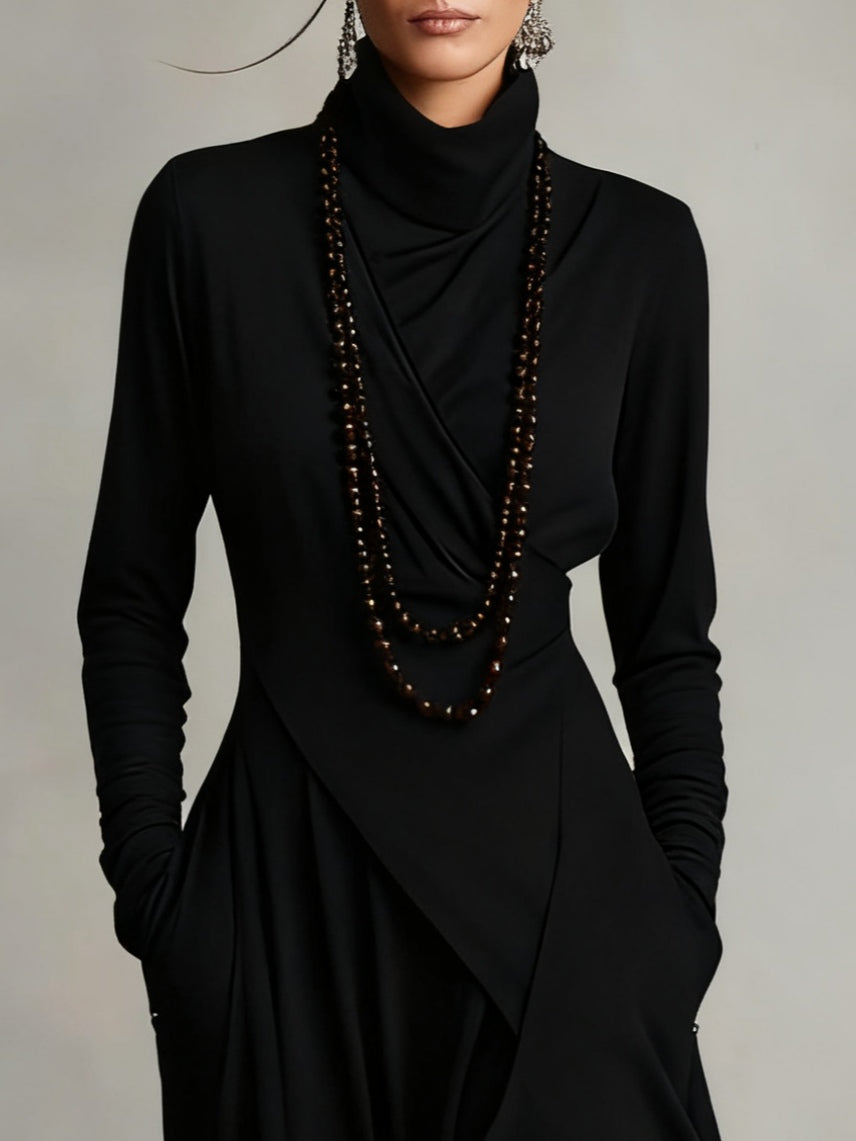 Dames lange jurk, hoge col, asymmetrische rok. Bohemian stijl maxi jurk met lange mouwen. Veelzijdig en casual chic.