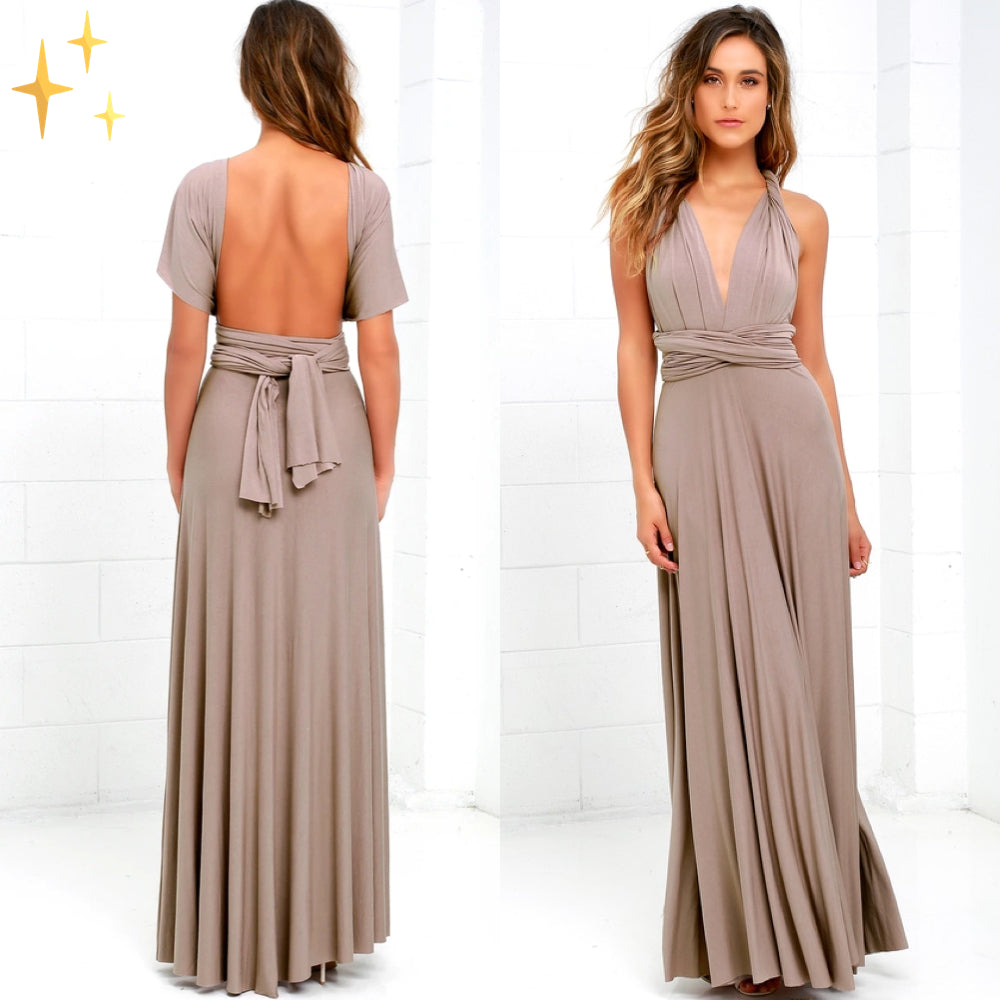 Dames maxi wikkeljurk, veelzijdig en comfortabel, perfect voor zomerse gelegenheden met meerdere draagstijlen.