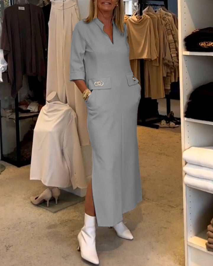 Must-have dames maxi zomerjurk met comfortabele pasvorm, V-hals, 3/4 mouwen en zakken.