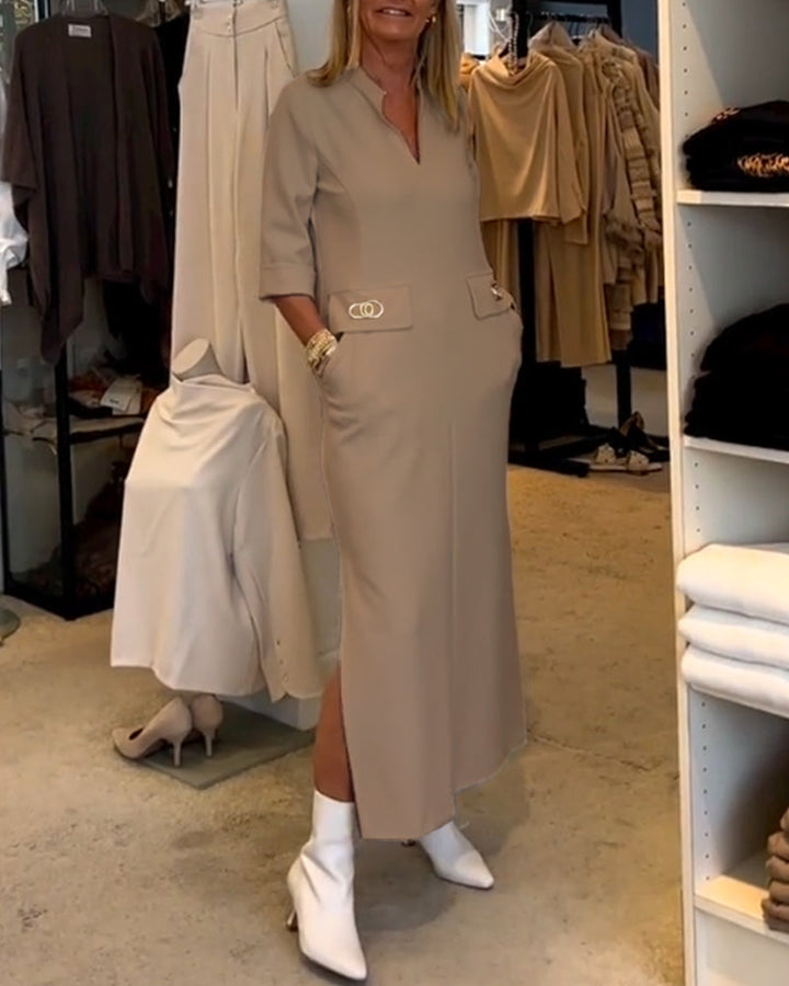 Comfortabele dames maxi jurk met praktische zakken, V-hals en 3/4 mouwen voor een stijlvolle zomer.
