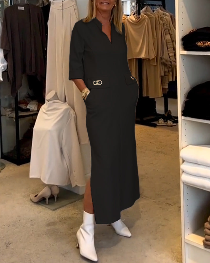 Casual dames zomerjurk, maxi lengte, V-hals en 3/4 mouwen. Perfect voor comfort en lente stijl.