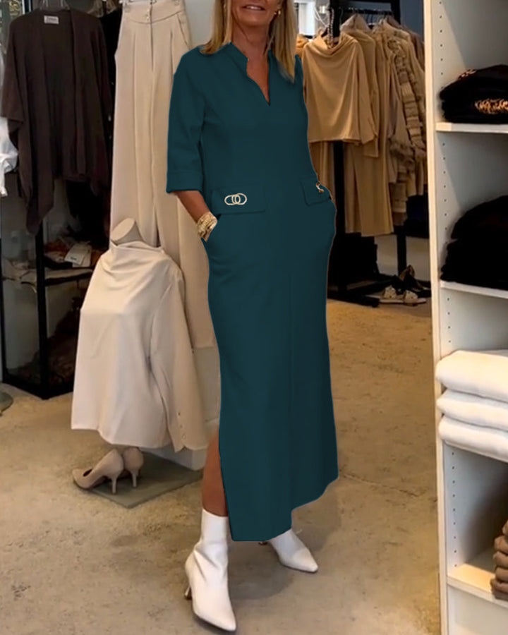 Dames maxi zomerjurk met V-hals, 3/4 mouwen en zakken. Comfortabele en casual lente/zomerkleding.