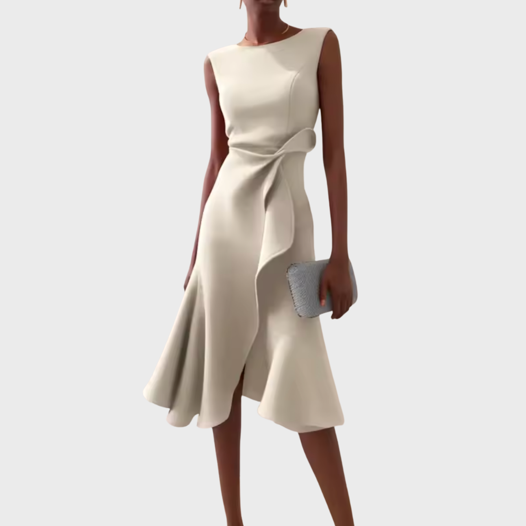 Gelegenheidsjurk dames, midi, mouwloos, met stijlvolle drapering en asymmetrische zoomlijn.