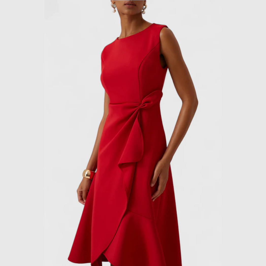 Stijlvolle cocktailjurk, midi, asymmetrisch, gedrapeerd, perfect voor formele evenementen.