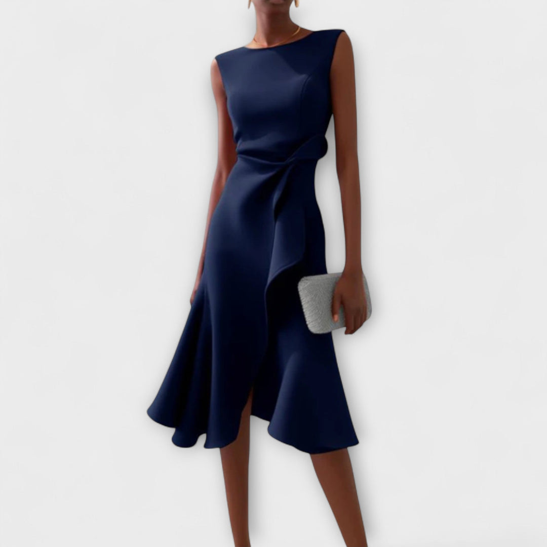 Elegante gelegenheidsjurk voor dames, midi model met asymmetrische zoom, gedrapeerde details.