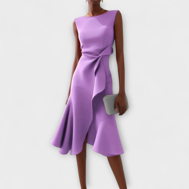 Lente midi jurk dames, stijlvol, met asymmetrische zoom en verfijnde drapering.