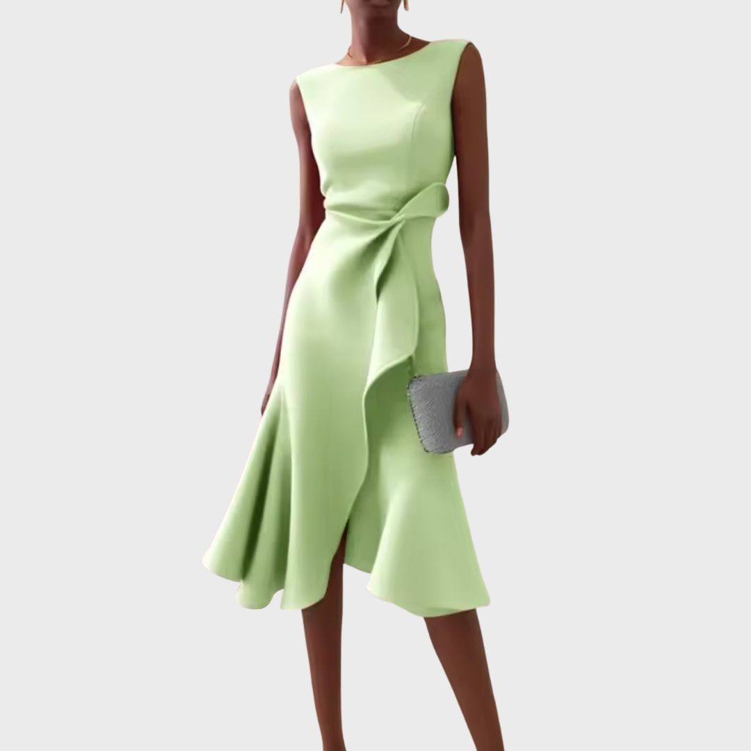 Feestelijke cocktailjurk, midi lengte, asymmetrisch design, elegante drapering, voor dames.