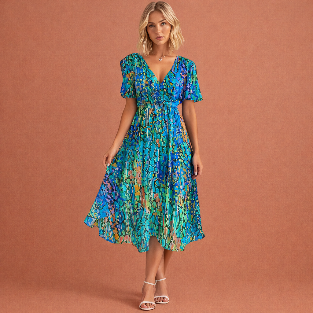 Dames midi jurk met elegante bloemenprint en korte mouwen, ideaal voor zomerse dagen en feesten.