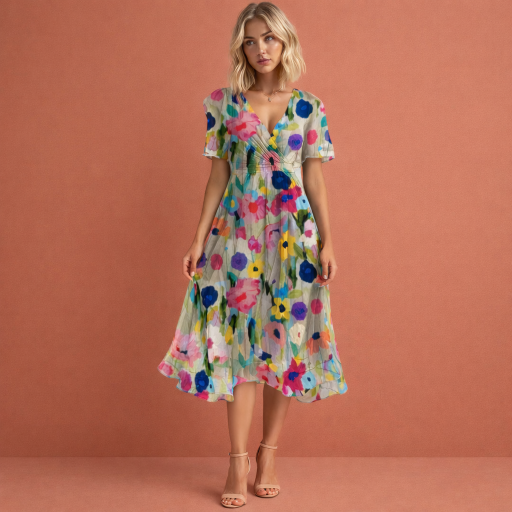 Vrouwelijke midi jurk met bloemenprint, korte mouwen, perfect als zomerjurk, lentejurk of casual outfit.