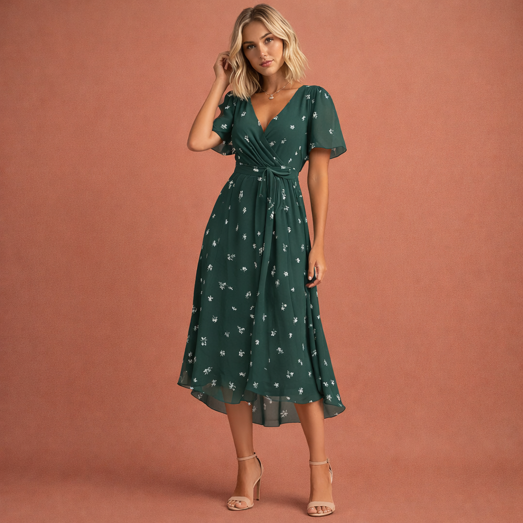 Comfortabele dames midi jurk met elegante bloemenprint en korte mouwen, perfect voor lente en zomer.