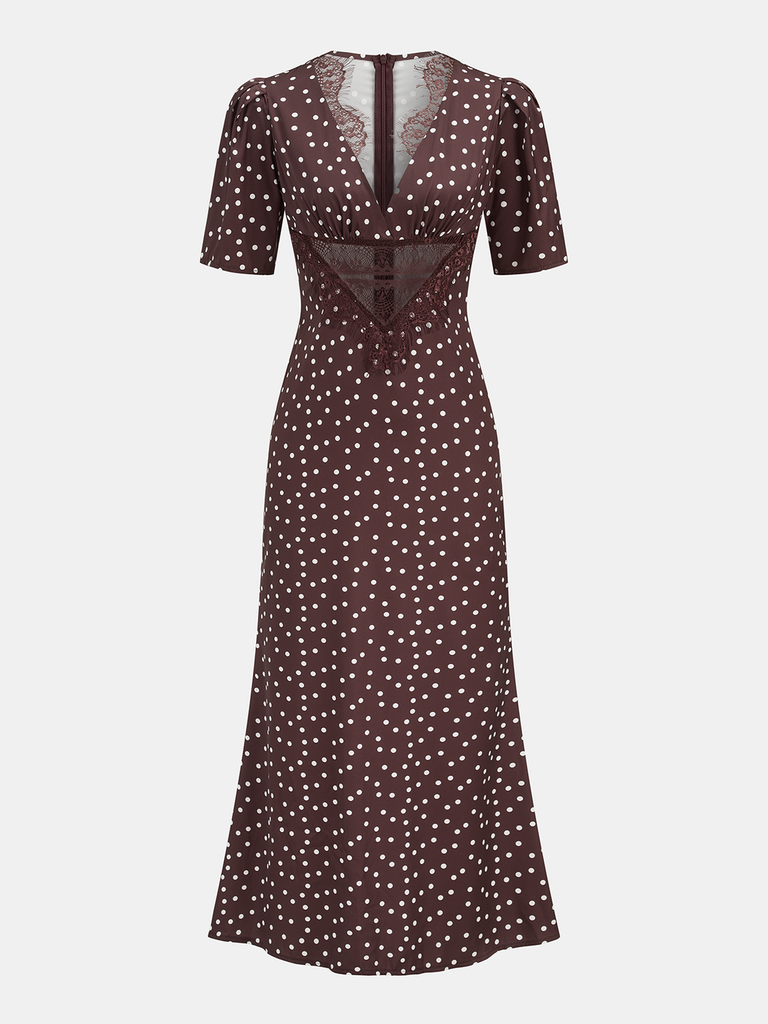 Elegante dames zomerjurk: bruine midi-jurk met verfijnde stippenprint en stijlvolle V-hals.