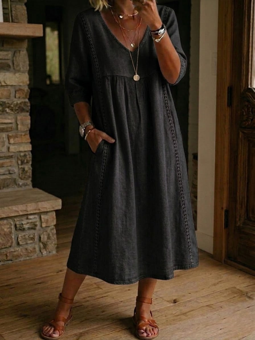 Patchwork midi jurk voor dames met V-hals en vloeiende pasvorm, comfortabel en casual.