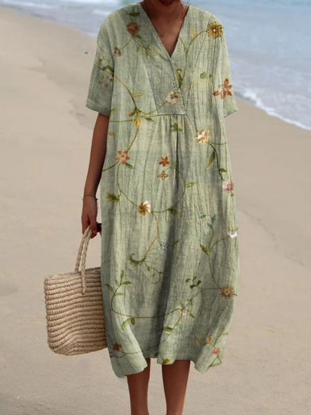 Dames midi jurk met bloemenprint, V-hals en korte mouwen in beweging. Comfortabele zomerjurk voor de lente.