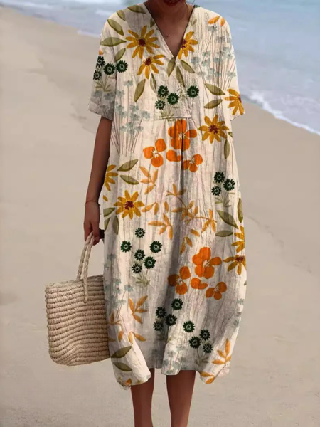 Close-up van de V-hals en bloemenprint op deze dames midi jurk met korte mouwen. Geschikt voor de lente.