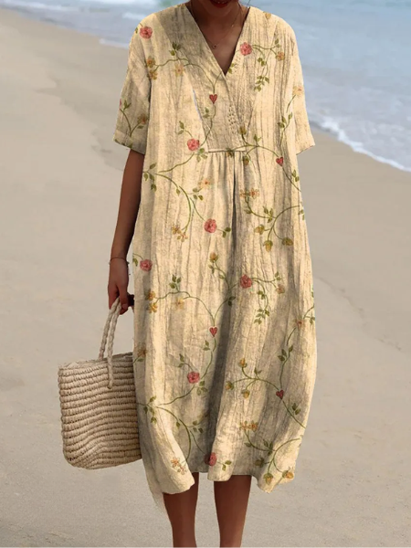 Volledige weergave van de dames midi jurk met bloemenprint, V-hals en korte mouwen. Perfecte lente/zomer stijl.