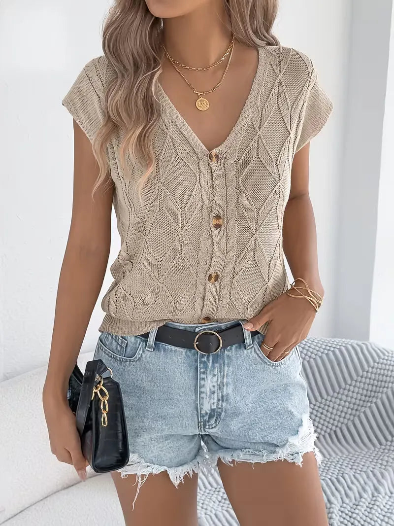 Chic dames knitwear vest, mouwloos, V-hals, knoopjes, veelzijdig te combineren.