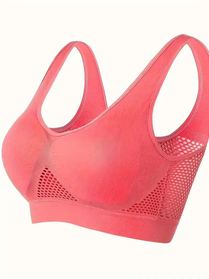 Zachte naadloze dames sport BH met brede bandjes en ademende mesh, ideaal voor dagelijks comfort.