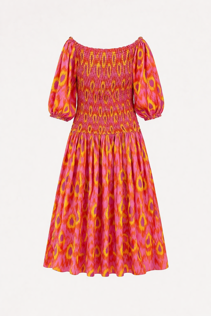 Stijlvolle dames zomerjurk: off-shoulder maxi model met ruches en comfortabel stretchy lijfje.