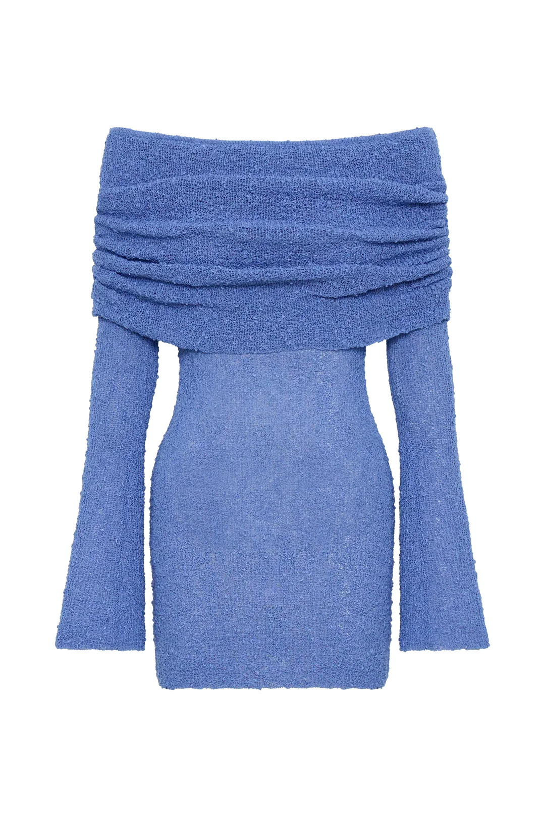 Off-shoulder halslijn gebreide mini jurk. Trendy dames zomerjurk in wit of blauw, elegant en comfortabel.