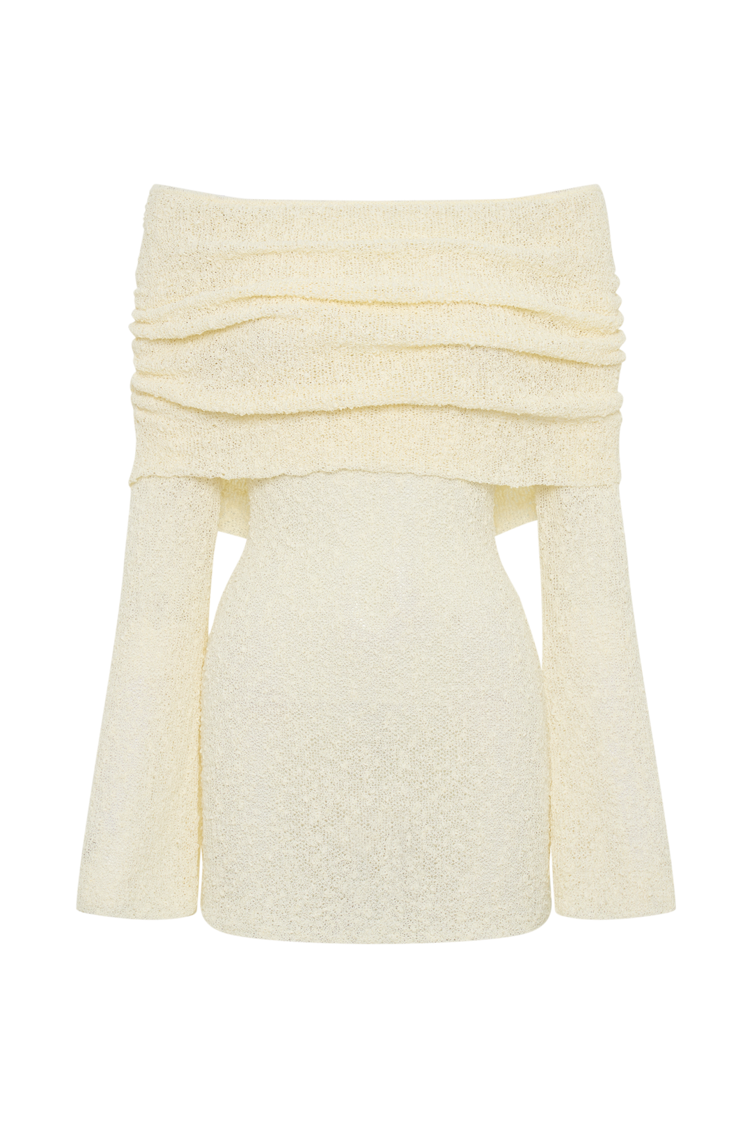 Gebreide dames mini jurk met off-shoulder design. Stijlvol en modern, verkrijgbaar in wit en blauw.