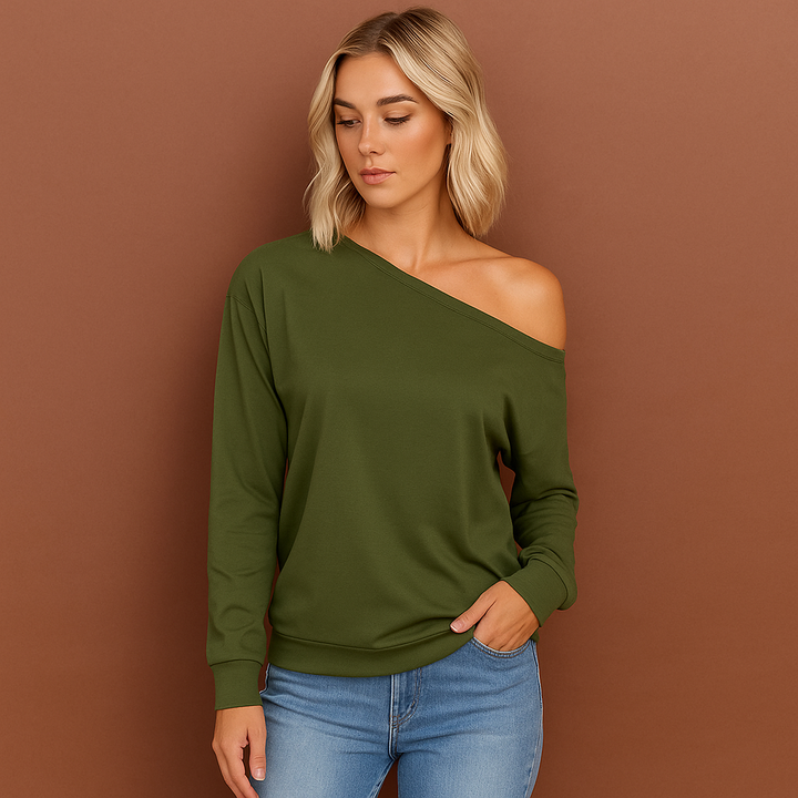 Zachte gebreide off-shoulder damestrui met losse pasvorm. Elegante en comfortabele trui voor vrouwen.