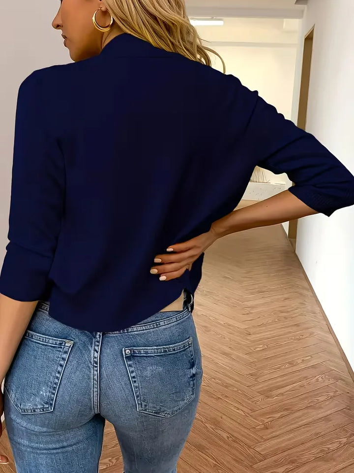 Dameskleding: elegante open-front cardigan met 3/4 mouwen, comfortabel en chic.