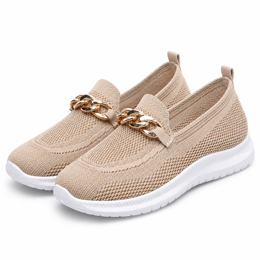 Dames orthopedische beige instappers, ademend comfort, lichtgewicht en antislip.