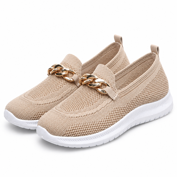 Dames orthopedische beige instappers, ademend comfort, lichtgewicht en antislip.