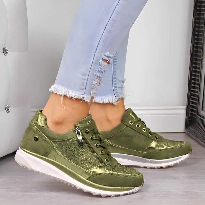 Dames orthopedische comfort sneakers, stijlvolle wandelschoenen in beige, zijaanzicht