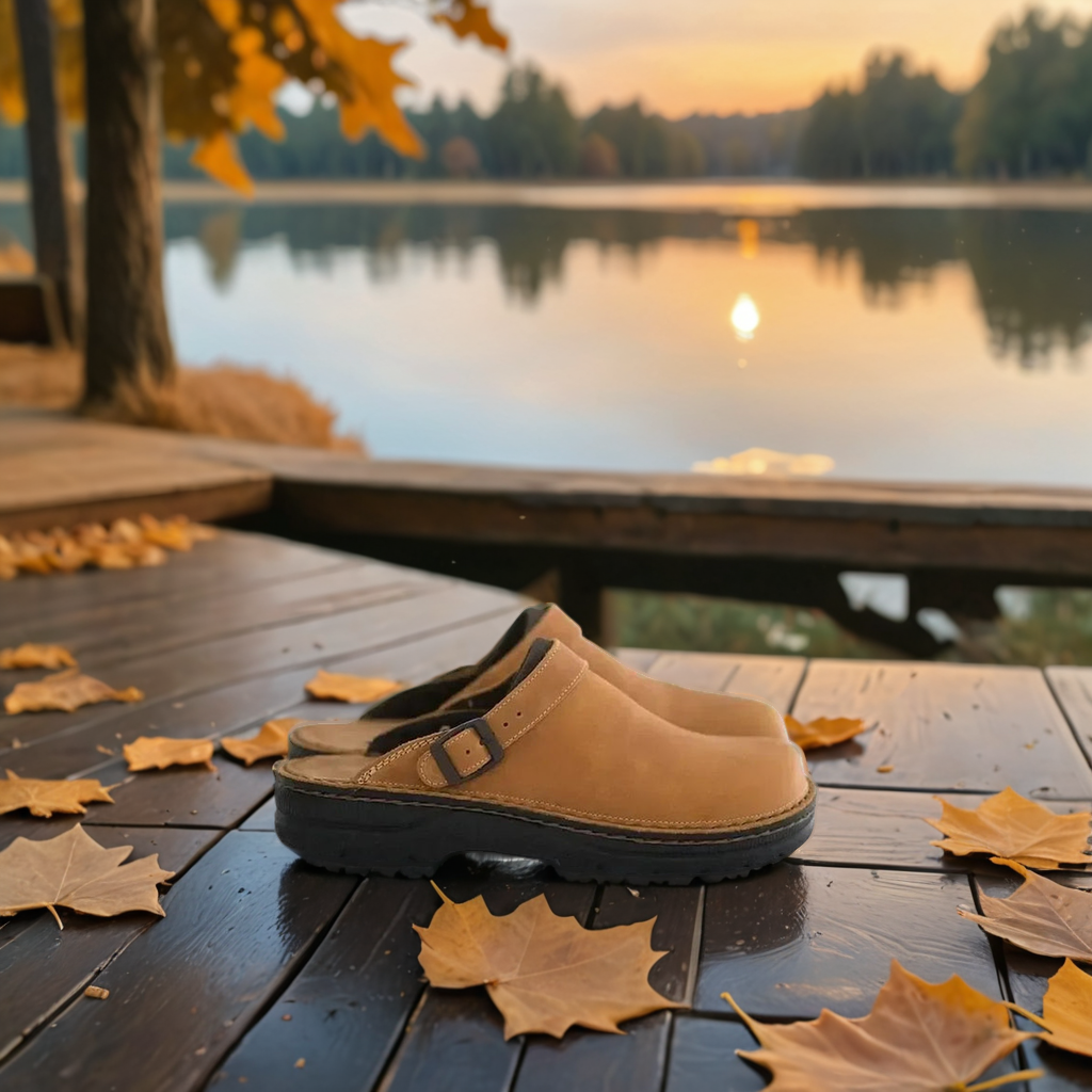 Dames orthopedische leren pantoffels met verstelbare band, beige kleur, ideaal voor comfort en ondersteuning binnen en buiten.