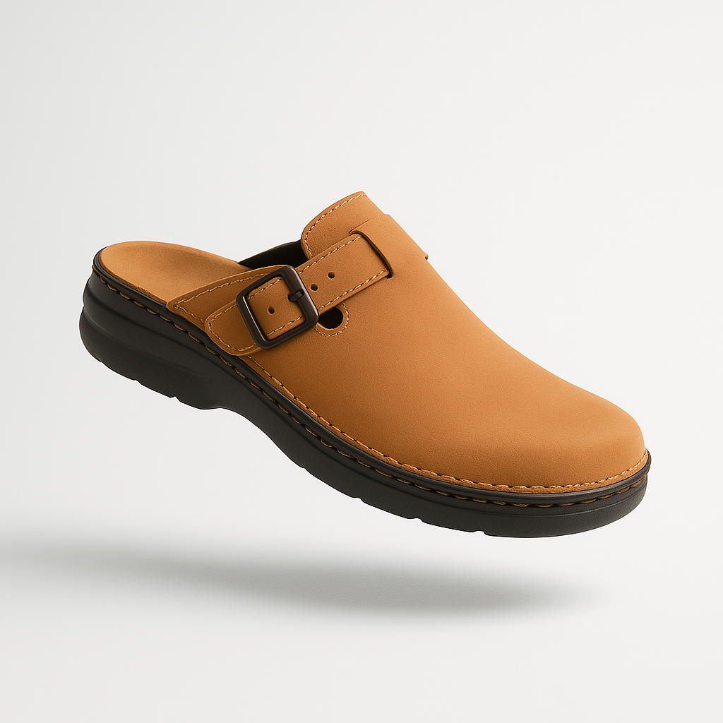 Hoekfoto van de eigentijdse dames leren pantoffels, orthopedisch en antislip, biedt ultiem comfort en verstelbaarheid.