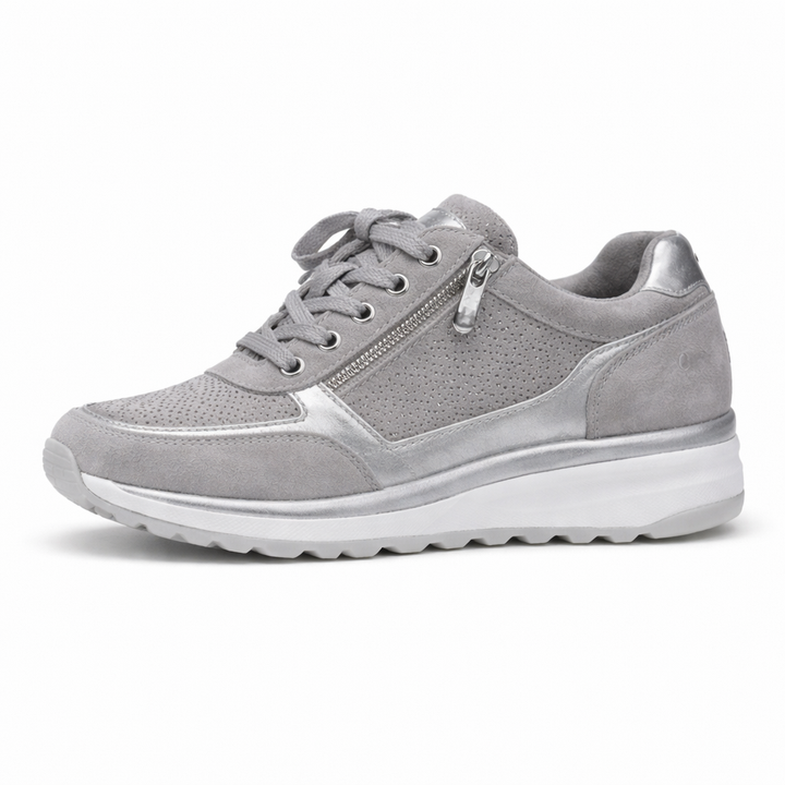 Dames orthopedische sneaker in grijs met groene accenten, biedt ultiem comfort en ondersteuning voor voetwelzijn.