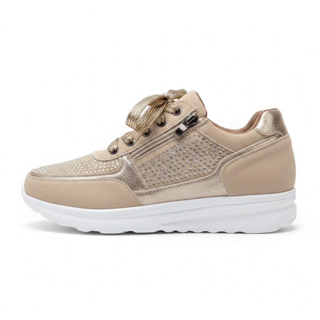 Zijaanzicht van grijze en groene dames orthopedische sneaker, ontworpen voor comfort en voetondersteuning.