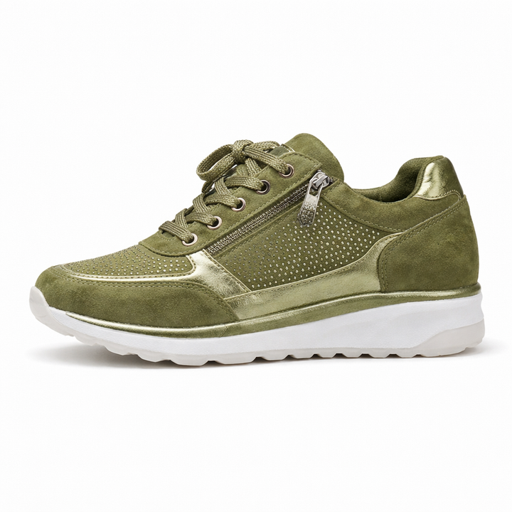 Casual grijze dames orthopedische sneakers gedragen, bieden lichtgewicht comfort en stevige ondersteuning.