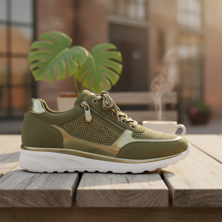Detail van zool/interieur van dames orthopedische sneaker, focus op comfortabele ondersteuning en demping.